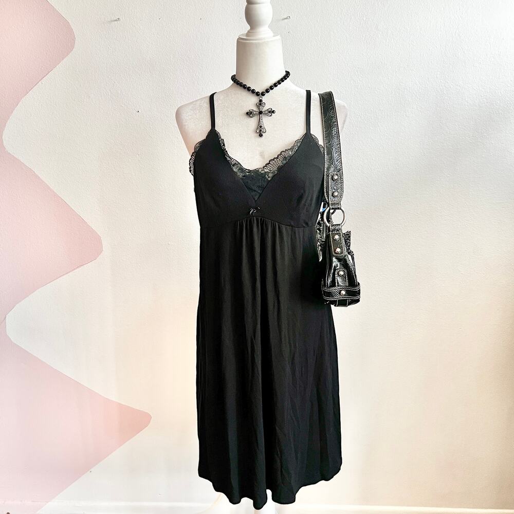 Black Lace Babydoll Dress, Y2K‎ Soft Goth Indie Sleaze Romantic Goth Medium